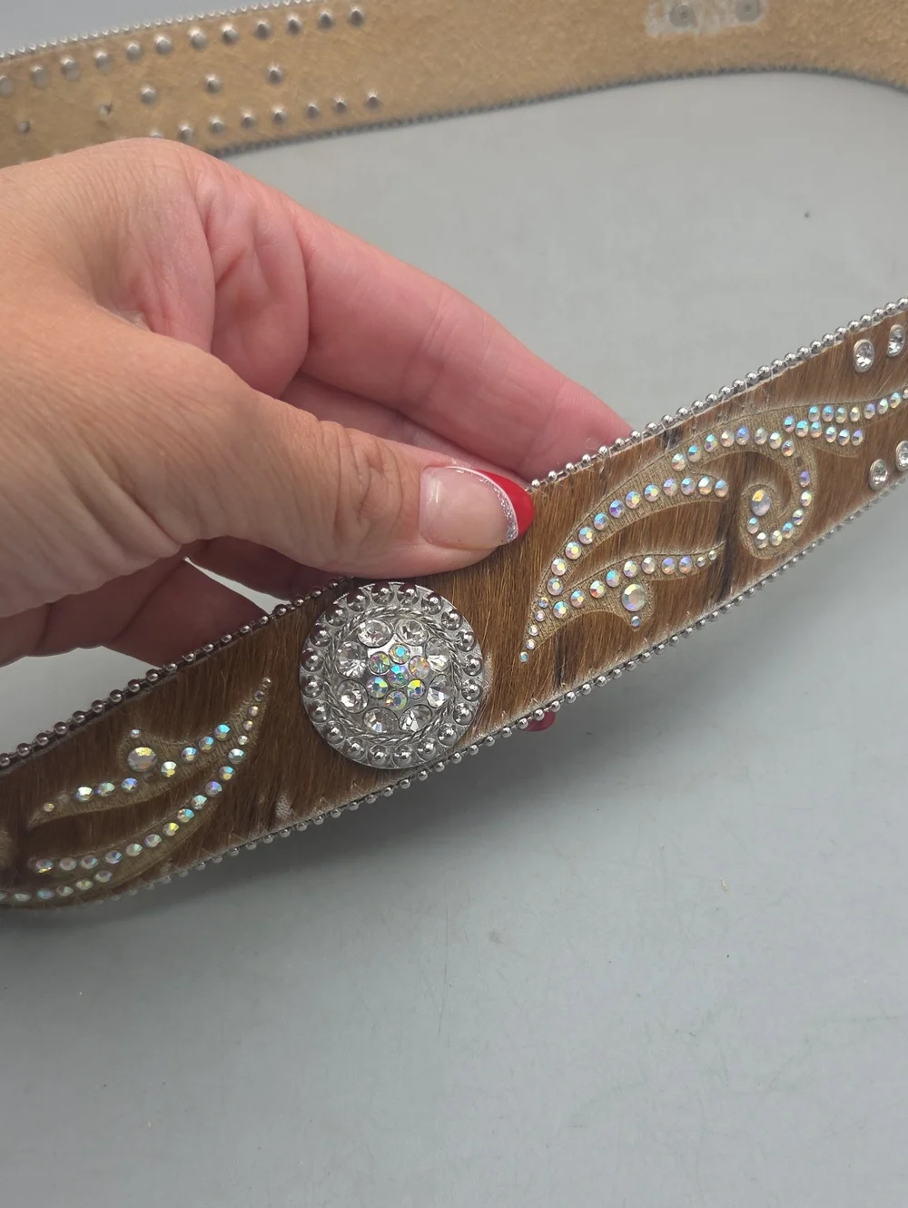 Nocona Genuine Leather Calf Hair on Hide Rhinestone Belt Rodeo Western Bling